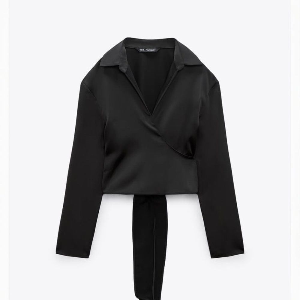 NWT ZARA SATIN EFFECT TIED TOP BLACK 0/8383/331/800/02 - SMALL